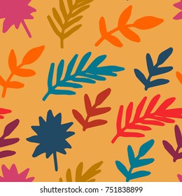 Colorful tropical seamless pattern with hand drawn palm leaves, branches, flowers. Tropic floral seamless pattern. Vector illustration.