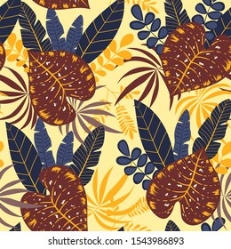 Colorful tropical seamless pattern with leaves and plants. Printing with in hand drawn style. Vector template. Exotic wallpaper. Trendy summer Hawaii print.