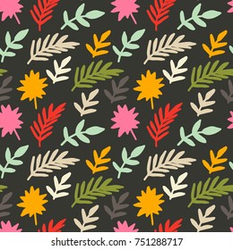 Colorful tropical seamless pattern with palm leaves, branches, flowers on dark background. Tropic floral motif. Vector illustration.