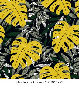 Colorful tropical seamless pattern with plants. Summer print, vector design. Modern abstract design for fabric, paper, interior decor and other users, cover. Trendy summer Hawaii print. 