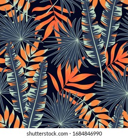 Colorful tropical seamless pattern with plants and leaves on a dark background. Exotic design for fabric, paper, cover, interior decor and other users. Hand draw texture. Vector template.