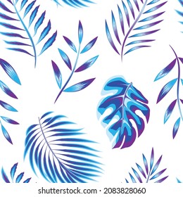 colorful tropical seamless pattern with sky blue palm leaf, fern and monstera plant leaves on white background. fashionable print texture. for shirt cloth or textile. Exotic Summer