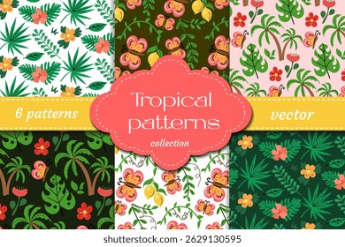 Colorful tropical seamless patterns with palm trees, butterflies, flowers and exotic leaves. Perfect for summer, vacation, packaging, fabric and beach-themed projects.