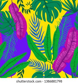 Colorful tropical seamless texture in yellow and violet background. Pink, green and blue leafs: monstera, banana, palm. Perfect for any printing.   