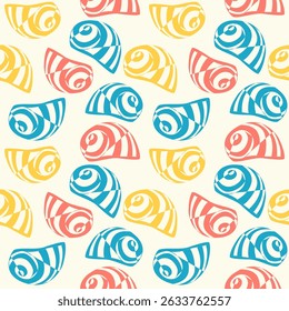 Colorful Tropical seashells seamless pattern. Mediterranean summer abstract background. Hawaii marine background.Vector folk art Hand drawn illustration for seasonal design, surface,holiday vacation.