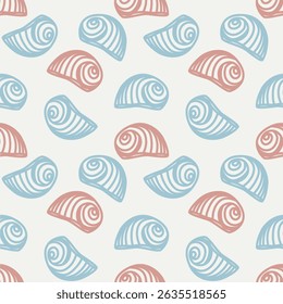 Colorful Tropical seashells seamless pattern. Mediterranean summer abstract background. Hawaii marine background.Vector folk art Hand drawn illustration for seasonal design, surface,holiday vacation.