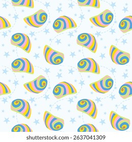 Colorful Tropical seashells seamless pattern. Mediterranean summer abstract background. Hawaii marine background.Vector folk art Hand drawn illustration for seasonal design, surface,holiday vacation.