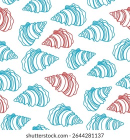 Colorful Tropical seashells seamless pattern. Mediterranean summer abstract background. Hawaii marine background.Vector folk art Hand drawn illustration for seasonal design, surface,holiday vacation.