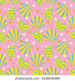 Colorful Tropical seashells and star seamless pattern. Mediterranean summer abstract background. Hawaii marine folk art background.Hand drawn illustration for seasonal design, surface,holiday vacation