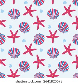 Colorful Tropical seashells and starfish seamless pattern.Mediterranean summer abstract background. Hawaii marine folk art.Hand drawn illustration for seasonal design, surface,holiday vacation deco.