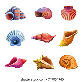 Colorful tropical set of sea shells. Underwater icons. Vector illustration