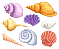 Colorful Tropical Shells Underwater Icon Set Frame Of Sea Shells, Vector Illustration.Summer Concept With Shells And Sea Stars. Round Composition, Starfish, Nature Aquatic. Vector Illustration.