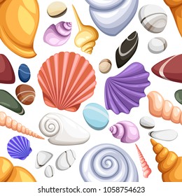 Colorful tropical shells underwater icon set frame of sea shells. Summer concept with shells and sea stars. Round composition, starfish, nature aquatic. Seamless vector illustration.