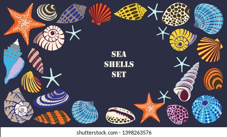 Colorful tropical shells underwater icon set frame of sea shells .Summer concept with shells and sea stars. Vector design horizontal isolated elements on the white background.