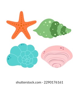 coloridas conchas tropicales icono submarino, conjunto de conchas marinas y estrella marina, ilustración vectorial plana, concepto de verano sobre fondo blanco