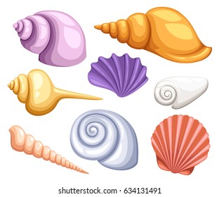 Colorful tropical shells underwater icon set frame of sea shells, vector illustration.Summer concept with shells and sea stars. Round composition, starfish, nature aquatic. Vector illustration.