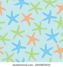 Colorful tropical starfish seamless pattern.Mediterranean summer abstract background. Hawaii marine folk art.Cute hand drawn illustration for seasonal design, surface,fabric,holiday vacation decorate