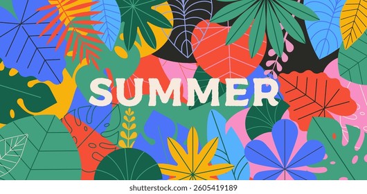 Colorful tropical summer background. Summer banner, poster design with jungle leaves. Vector illustration