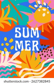 Fundo de verão tropical colorido. Banner de verão, design de cartaz com folhas de selva. ilustração vetorial