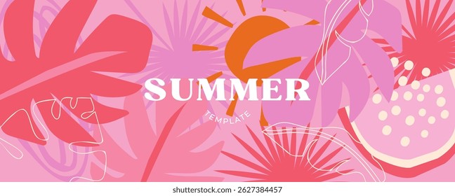 Colorful tropical summer background. Summer banner, poster design with jungle leaves