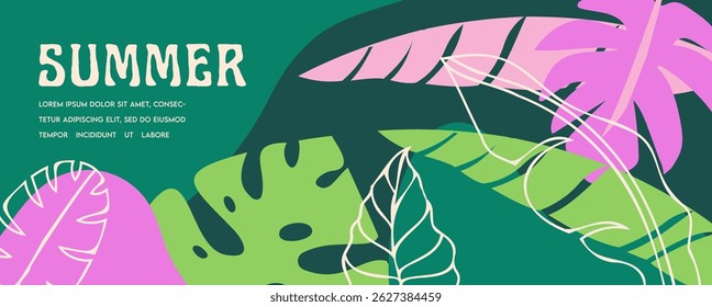 Colorful tropical summer background. Summer banner, poster design with jungle leaves