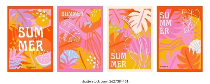 Colorful tropical summer background. Summer banner, poster design with jungle leaves
