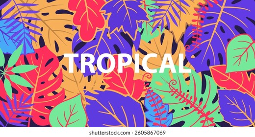 Colorful tropical summer background collection. Summer banner, poster design with exotic leaves. green nature abstract background with copy space.