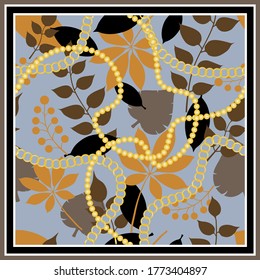 Colorido trazo de vectores barroco de verano tropical con cadenas doradas, hojas, elementos barrocos.Parche vectorial para impresión, tela, diseño de bufanda.