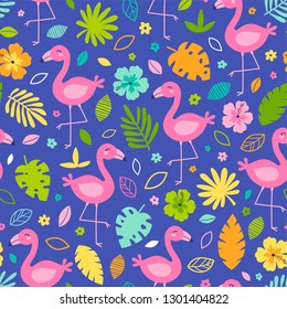 Colorful tropical summer seamless pattern with flamingo, tropical leaf and hibiscus.
