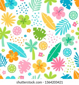 Colorful tropical summer seamless pattern with hibiscus flower, tropical leaf and citrus fruit.