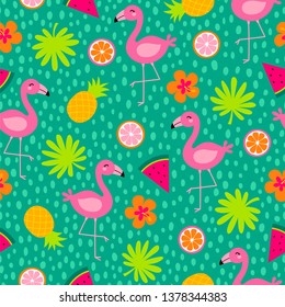 Colorful tropical summer seamless pattern with flamingo, tropical leaf, fruit and hibiscus.
