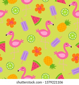 Colorful tropical summer seamless pattern with flamingo, tropical fruit, popsicle and hibiscus.
