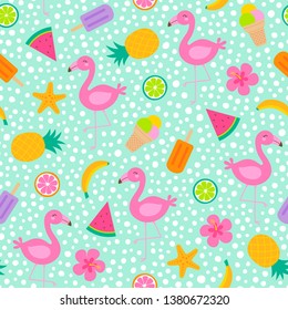 Colorful tropical summer seamless pattern with flamingo, tropical fruit, dessert, hibiscus on dot background.