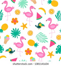 Colorful tropical summer seamless pattern with flamingo, toucan, leaf, tropical fruit and hibiscus.