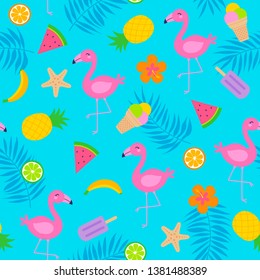 Colorful tropical summer seamless pattern with flamingo, palm leaf, tropical fruit, dessert and hibiscus.