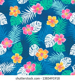 Colorful tropical summer seamless pattern with hibiscus flower and tropical leaf.