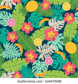 Colorful tropical summer seamless pattern vector with hibiscus, tropical fruits, and botanical leaf