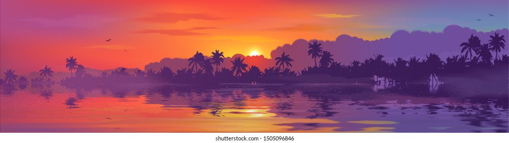 Colorful tropical sunset in palm trees forest and calm water reflection. Vector ocean beach landscape illustration for horizontal banner.