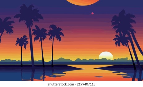 colorful tropical sunset in palm trees forest and calm 
