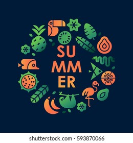 Colorful Tropical Vector round frame with exotic plants, fruit  and animals on dark background with place for text. Flat design, simple shapes, minimal art.