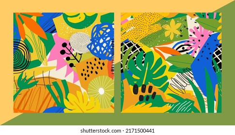 Colorful, tropical and very summer seamless pattern. Shapes, dots, flowers, leaves and various objects that make this design exotic. Good for clothes, wraps, wallpaper, interior design and more.