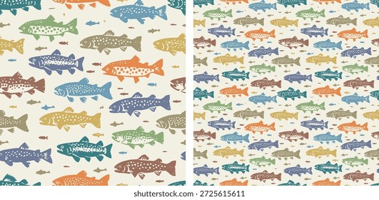 Colorful Trout Fish Seamless Pattern Vector Background for Fishing and Outdoors