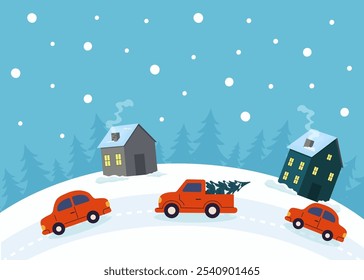 Colorful trucks carry Christmas trees in a snowy village during wintertime