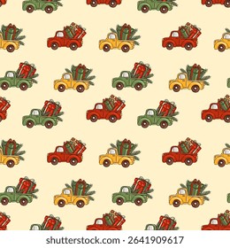 Colorful trucks with christmas presents seamless pattern. Vector illustration