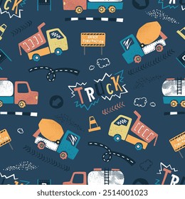 Colorful trucks and construction vehicles in a seamless pattern, great for kids' products.