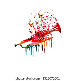 Colorful trumpet with music notes isolated vector illustration design. Music background. Music instrument poster with music notes, festival poster, live concert events, party flyer