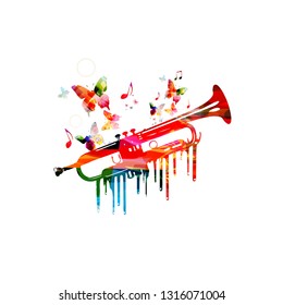 Colorful trumpet with music notes isolated vector illustration design. Music background. Music instrument poster with music notes, festival poster, live concert events, party flyer