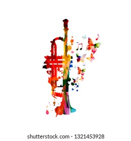 Colorful trumpet with music notes isolated vector illustration design. Music background. Music instrument poster with music notes, festival poster, live concert events, party flyer