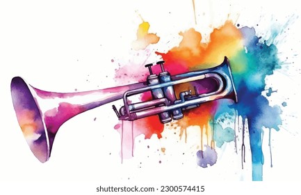 Colorful trumpet with music watercolor painting Abstract background.