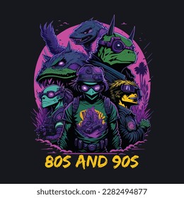 A Colorful T-Shirt Design Featuring Iconic Characters from the 80s and 90s!